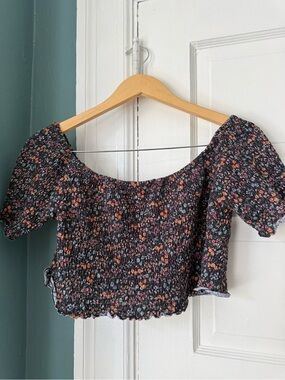 ASOS Smocked Off-Shoulder Floral Crop Top - Black with Pink/Orange Flowers